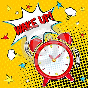 Wake up!! Lettering cartoon vector illustration with alarm clock on yellow halfone background photo